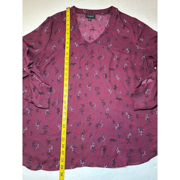 Lane Bryant Top Women’s Size 16 Burgundy Floral V Neck Long Roll Tab Sleeve - Picture 2 of 6